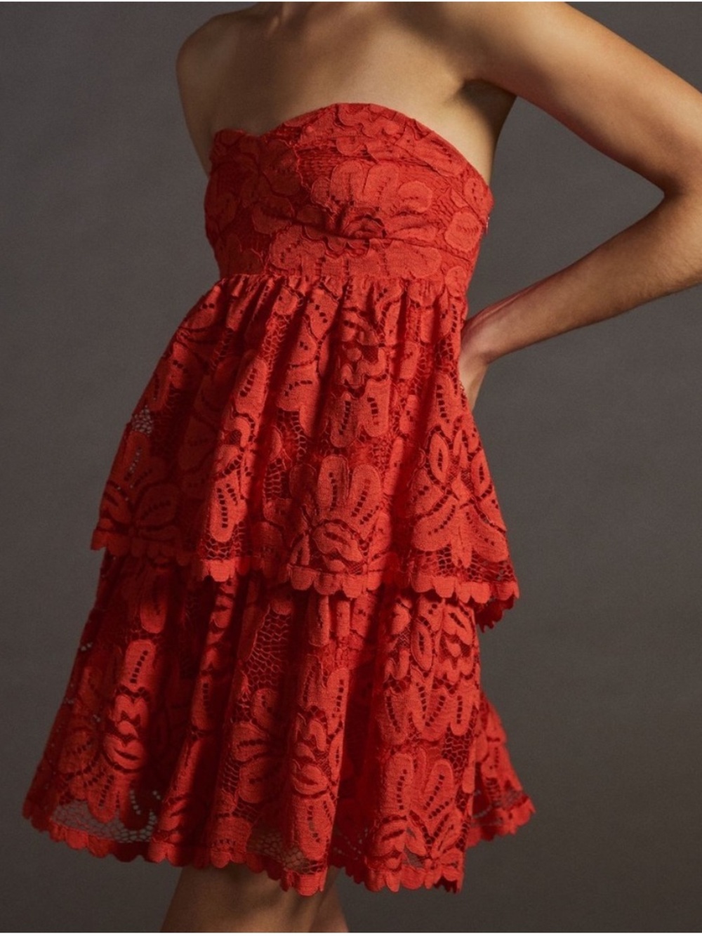 Anthropologie Maeve Strapless Lace Mini Dress Sz M Orange Red Tiered Babydoll